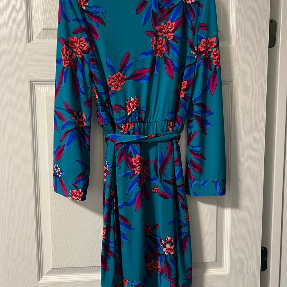 Calvin Klein Teal Floral Wrap Dress with Magenta & Blue Accents - Picture 3 of 5